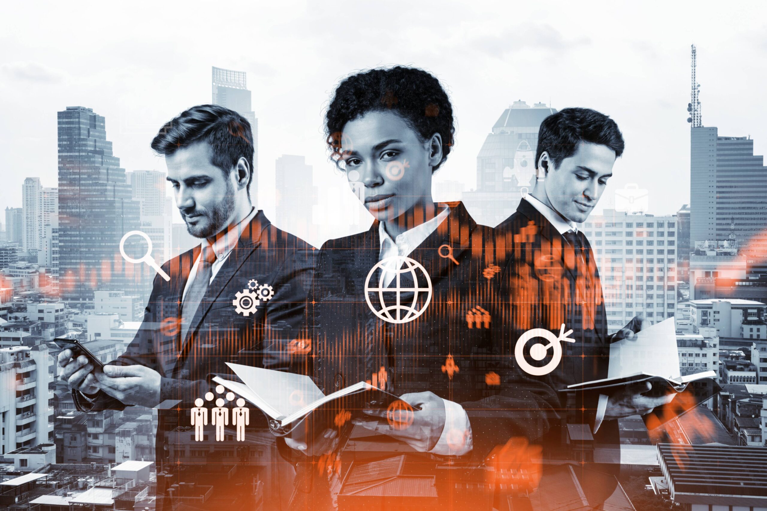 A city skyline overlaid with three people and network icons