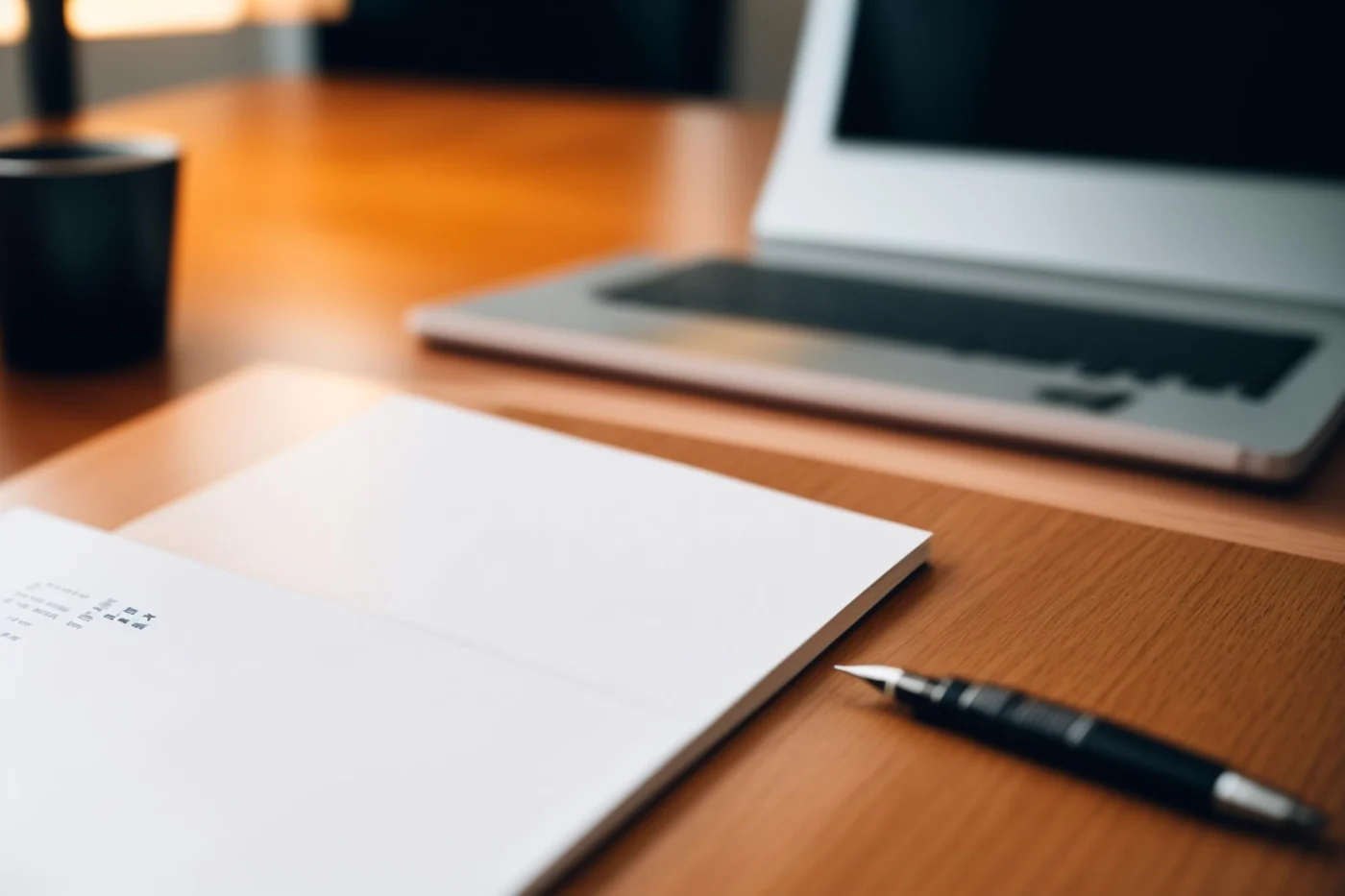 A written services contract and pen on a desk beside a laptop
